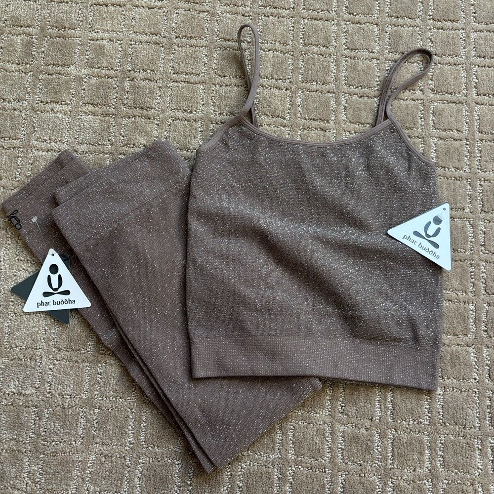 Phat Buddha 2pc Shimmer Crop Tank M/L Leggings XS/S Workout Set Outfit Metallic